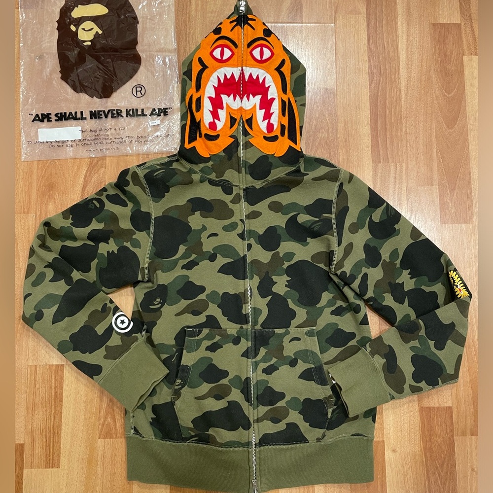 Bape Tiger Shark Bathing Ape Green Camo Hoodie Jacket